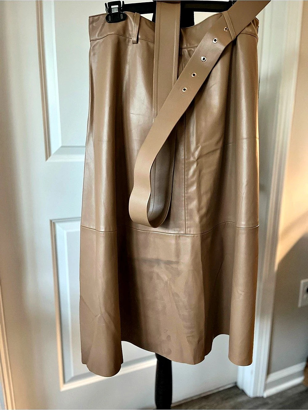 Zara Faux Leather Midi Skirt with Belt in Dark Tan Size XL